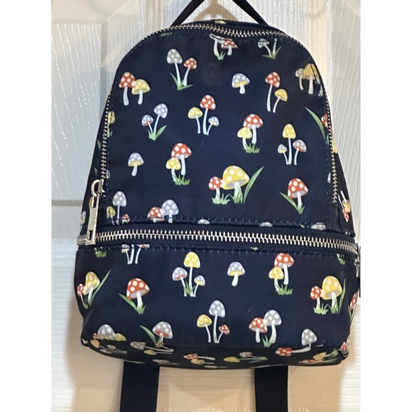 Handbags - Navy Blue Mushroom Print Mini Backpack Cottagecore Nylon Small Bag